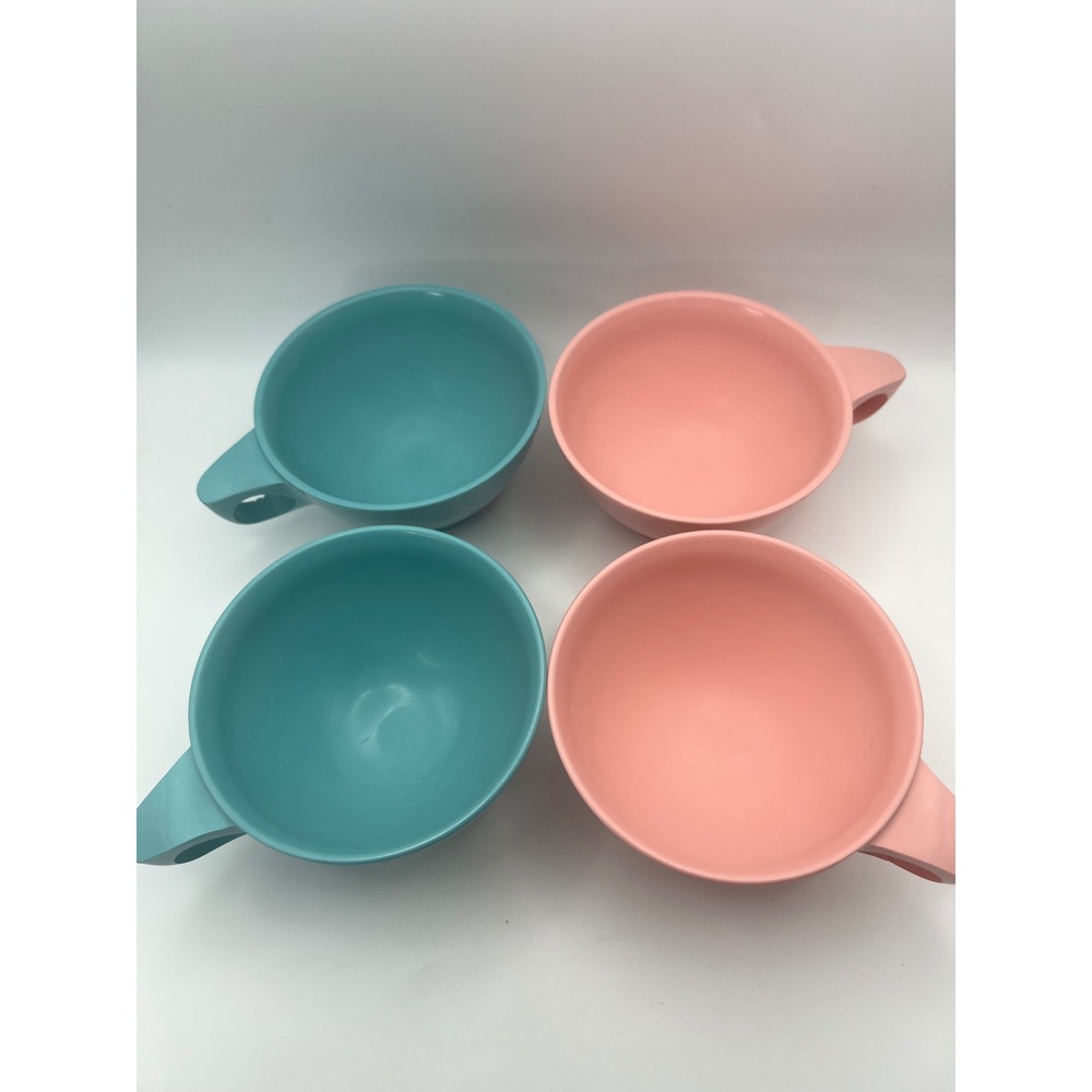 BoontonWare Melamine Tea Cups Lot of 4 Pink Turquoise Teal USA Vtg MCM Kitsch - Picture 2 of 8